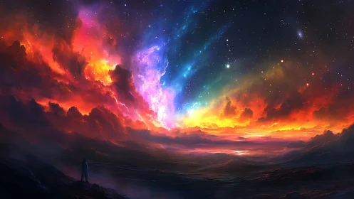 Spectral nebula sky over ocean horizon with lone cloaked figure