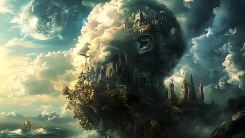 Surreal cliff city forms colossal human head in clouds