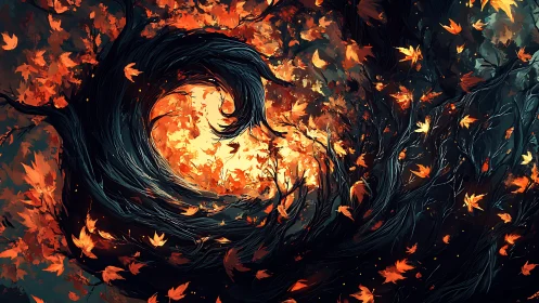 Swirling Autumn Portal of Firelit Leaves and Whispering Wood.