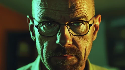 Intense green-lit portrait of a thoughtful, serious man.