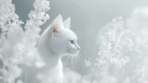 White Cat Profile Among Luminous Flowers.