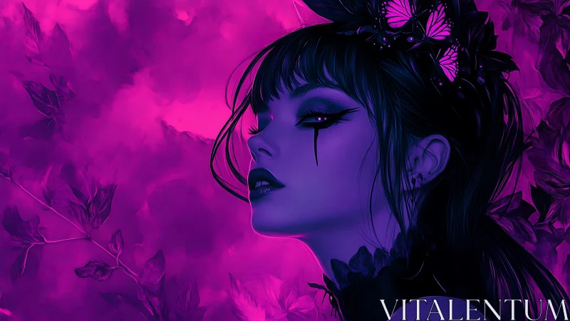 Neon dusk butterfly queen with midnight tearstained gaze.