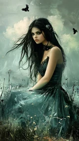 Melancholic raven-haired woman in teal gown within misty field