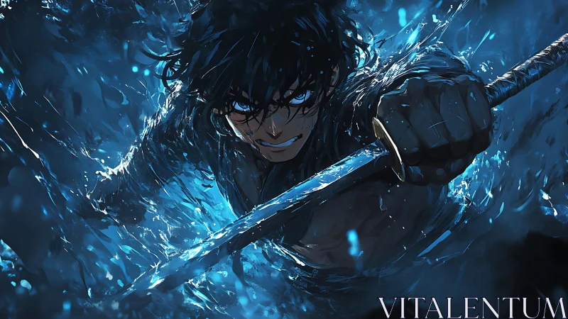 Kinetic blue-lit swordsman lunging through turbulent liquid field.