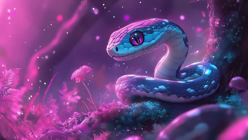 Bioluminescent snake curls through neon fantasy forest glow.