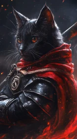 Armored black cat warrior in red cloak amid embers