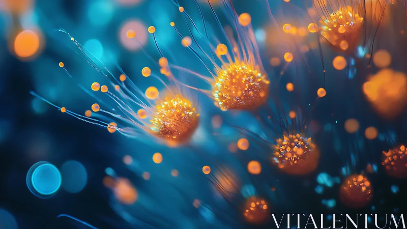 Macro view of glowing orange filament clusters on blue field.