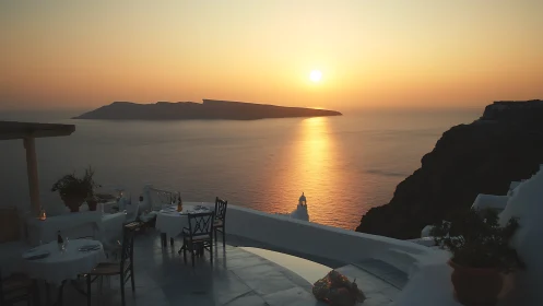Seaside terrace at golden hour with symmetrical sunset horizon.