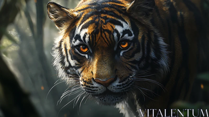 Predatory tiger stalks through shadowed forest clearing