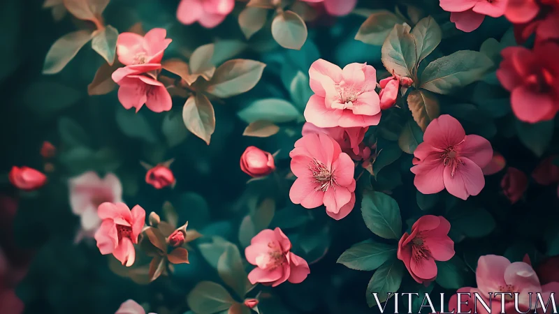 Pink garden blooms against deep teal backdrop.
