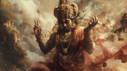 Divine warrior goddess in swirling atmospheric digital painting.