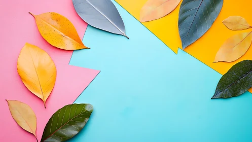 Colorful leaves dancing across playful pastel corners.