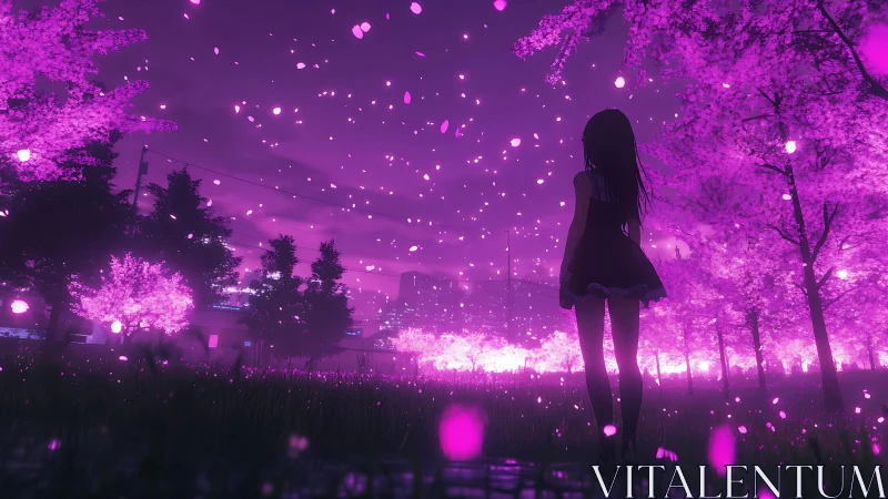 Soft evening blossoms welcome a lone girl into glowing pink calm
