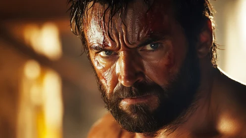 Battle-hardened warrior glare under harsh golden light.