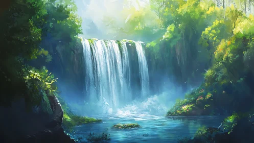 Digital painting depicts a central waterfall in dense forest