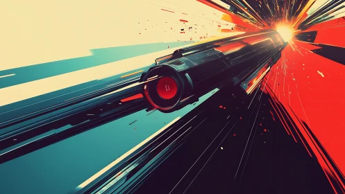 Futuristic starship bursts through abstract light and color