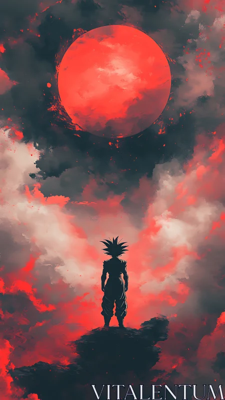 Crimson sky warrior beneath a burning celestial moonscape.