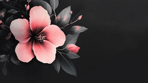 Pink Hibiscus Blooms Against Dark Backdrop with Gray Foliage