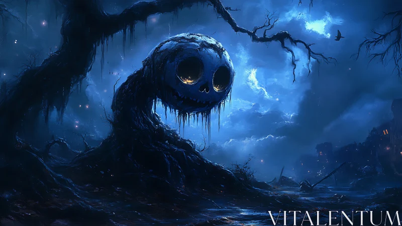 Haunted pumpkin wraith rises over stormlit graveyard marsh.