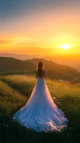 Backlit woman in flowing white gown on sunlit grassy hillside