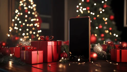 Smartphone and red gifts in warm Christmas setting.