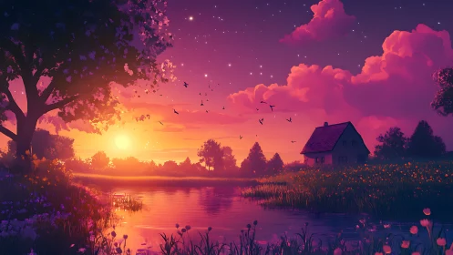 Vibrant sunset cottage beside tranquil reflective river.