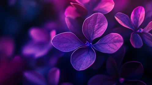 Macro spectral hydrangea petals in neon bokeh field.