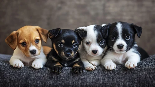 Four tiny puppy hearts lined up in soft-focus cuddle row.