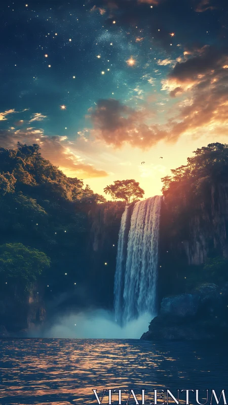 Enchanted twilight waterfall cascades beneath starry sky