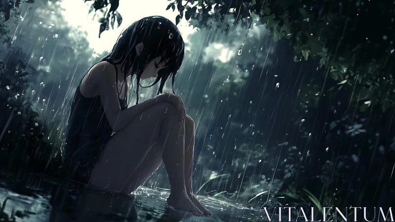 Solitary anime girl in heavy forest rain, reflective mood, dusk