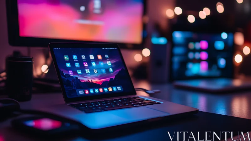 Neon-lit laptop sanctuary in a bokeh-soaked night office.