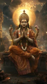 Sunlit deity in serene levitation above mythic river-city.