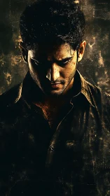 Brooding male portrait with strong shadow and texture effect.