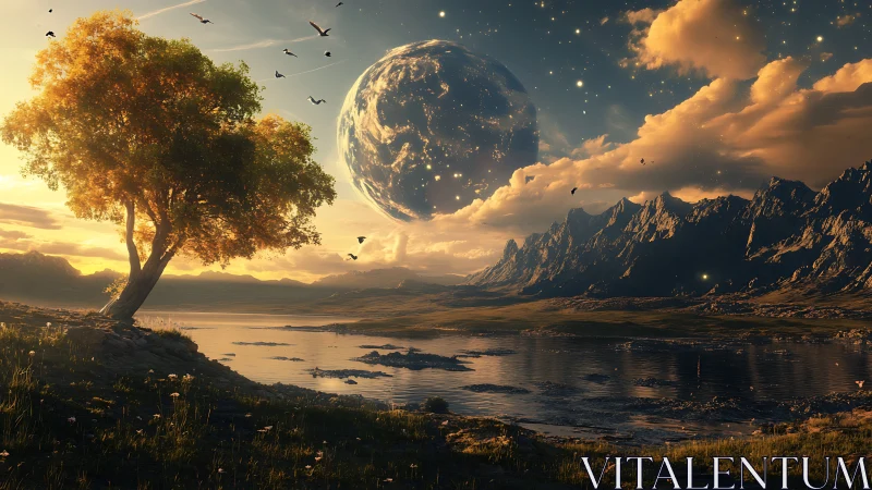 Planetary horizon aligns with luminous dusk over alpine lake