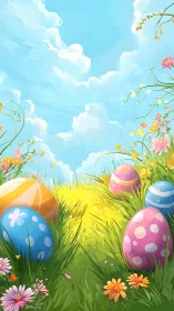 Spring meadow Easter eggs under radiant blue sky illustration.