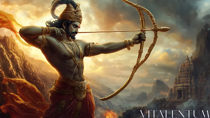 Mythic archer draws gilded bow against storm-lit temple skyline