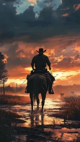 Lone cowboy rides home beneath a glowing western sunset.