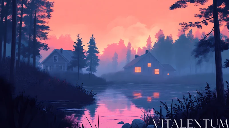 Lakeside cabins glow under neon misty forest sunset.