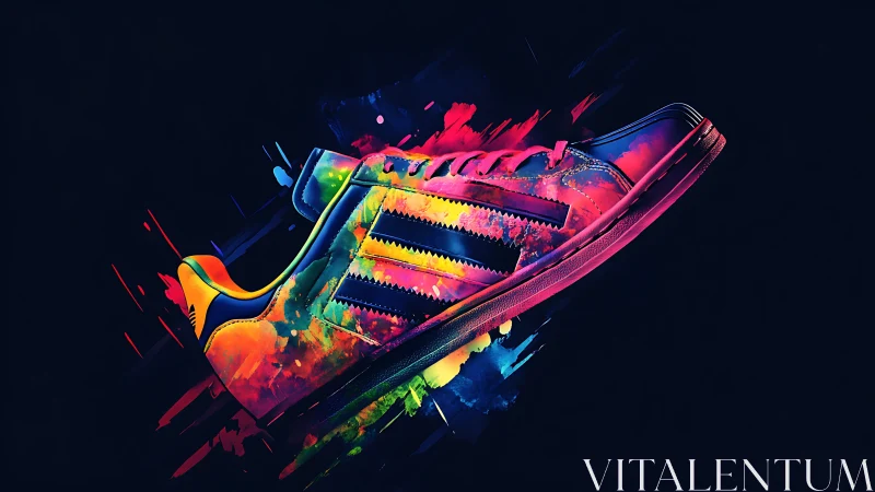 Fluorescent sneaker profile with neon paint splash motion effects