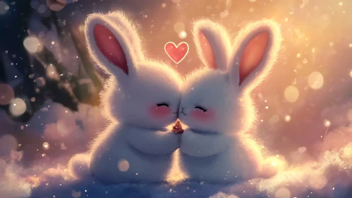 Fluffy snow bunnies share gentle kiss in glowing dusk light.