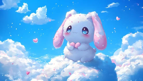 White cartoon bunny figure seated on soft cloud landscape.