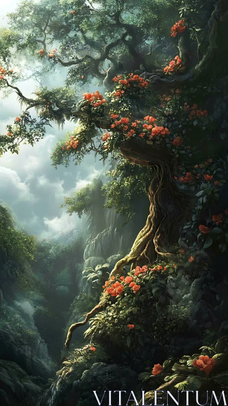 Ancient Tree Blooming with Orange Flowers in Misty Canyon Valley