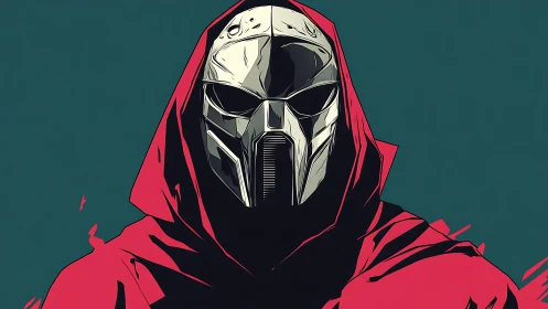 Masked figure in crimson hood stares from stark teal void.