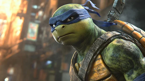 Armored humanoid turtle warrior stands alert in neon city