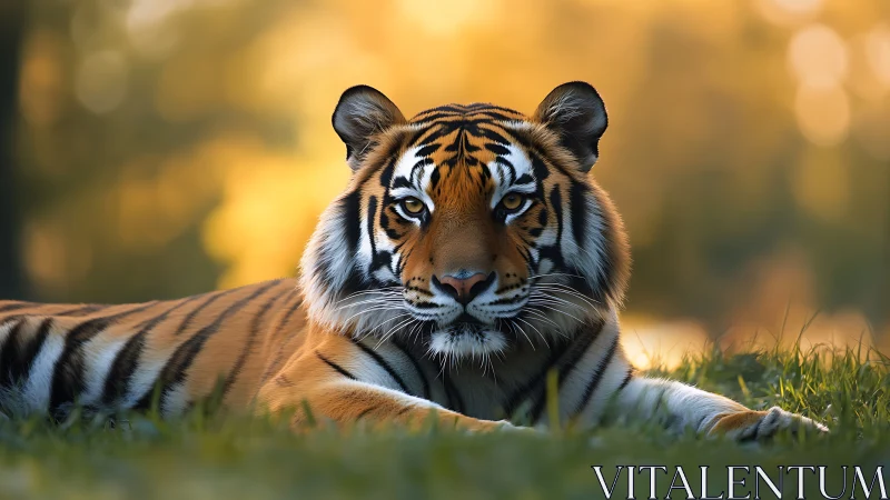 Golden hour tiger rests gently in glowing forest light