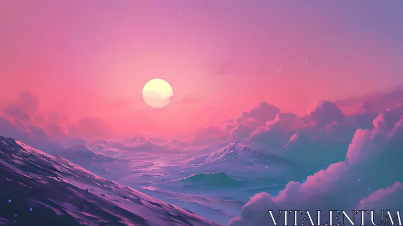 Low-angle pastel sunset over stylized glacial mountain valley