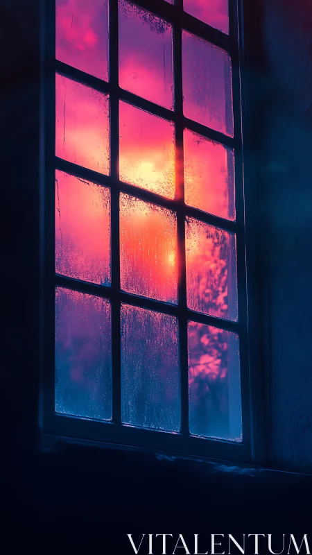 Moody window glows with neon sunset beyond the glass.