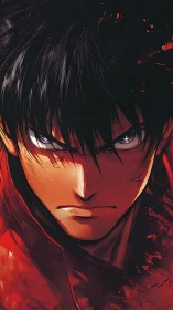 Intense anime antihero stares ahead amid crimson shadows.