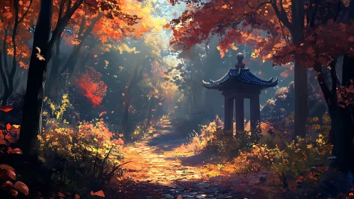 Autumn forest path leads to pavilion under filtered light