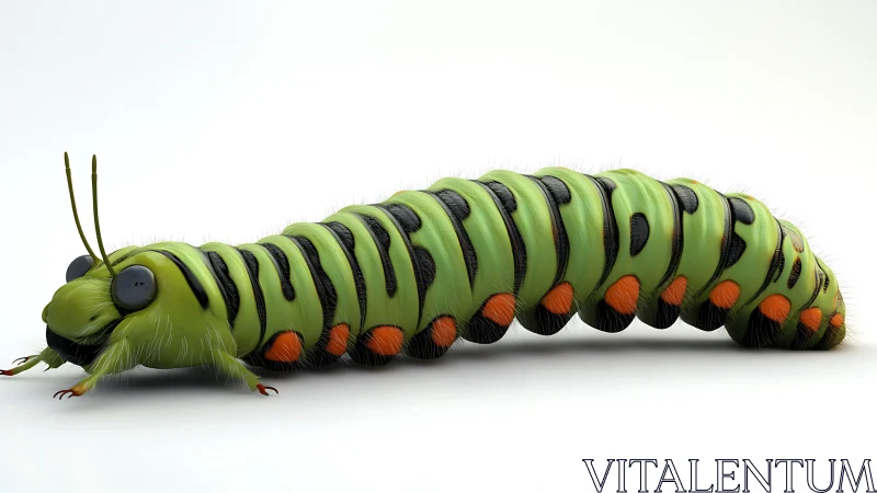 Green caterpillar render with striped body and detail.